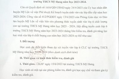 THÔNG BÁO về việc kiểm tra, đánh giá năng lực học sinh vào lớp 6 chất lượng cao tại trường THCS Mỹ Hưng năm học 2023 – 2024