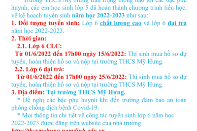Thông báo thời gian tuyển sinh vào lớp 6 CLC và lớp 6 đại trà trường THCS Mỹ Hưng